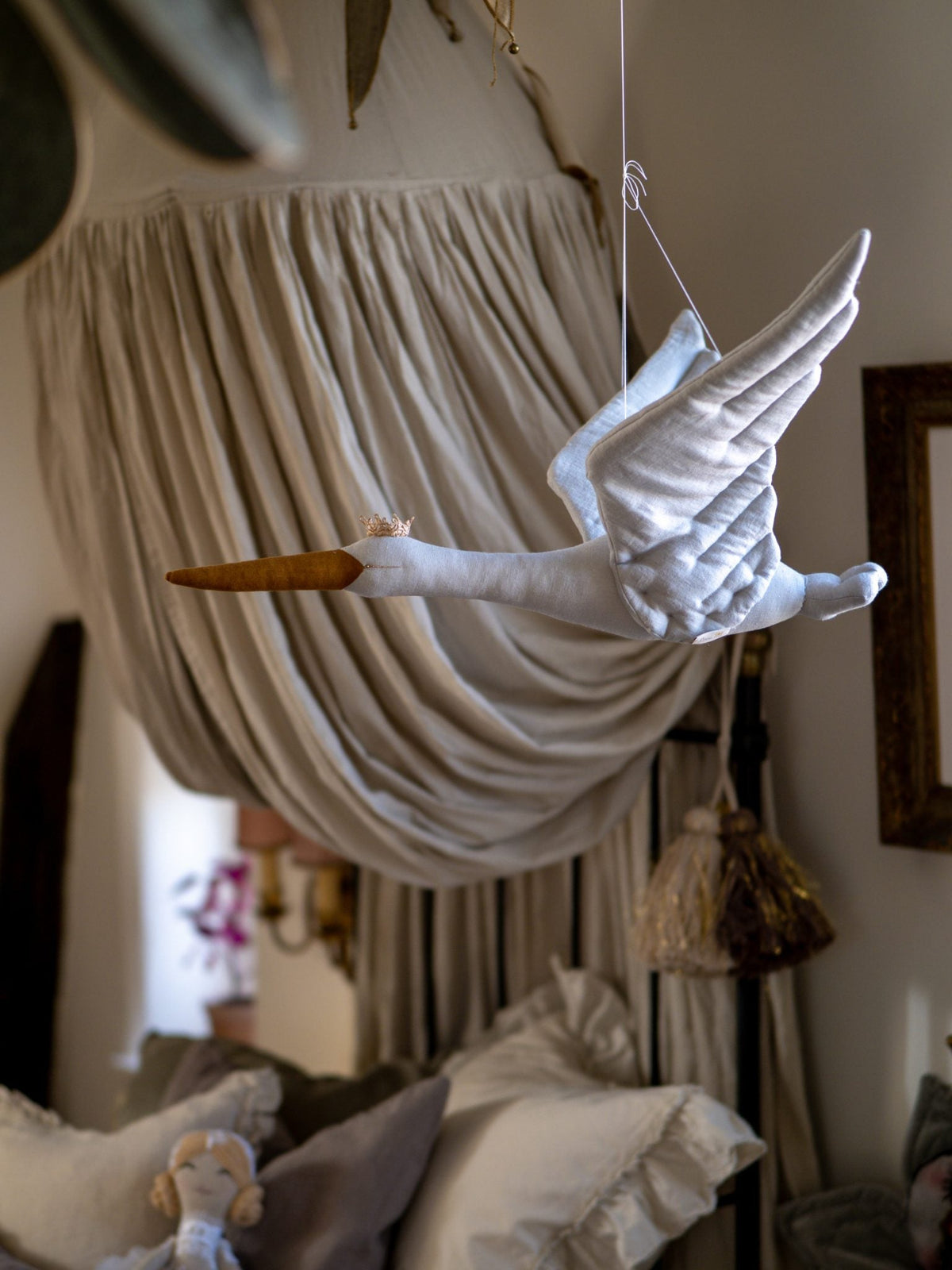Linen Hanging Stork with Crown by Love Me - Maude Kids Decor