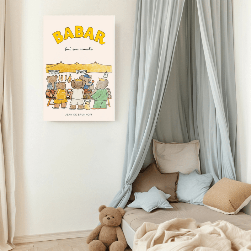 Babar at the Market Art Print by Kumo Art Prints – Maude Kids Decor