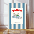 Babar Family Car Trip Art Print | Striped Background by Kumo Art Prints - Maude Kids Decor