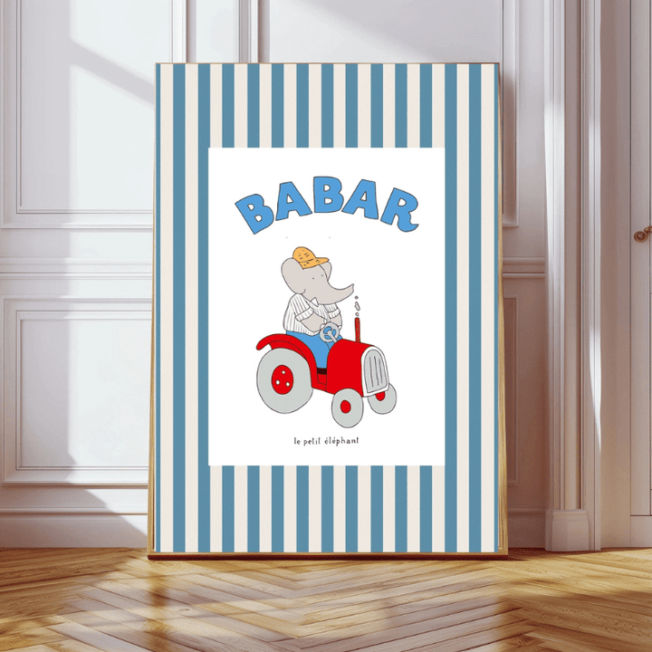 Babar in the Elephant Tractor Art Print by Kumo Art Prints - Maude Kids Decor