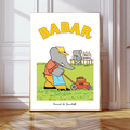 Babar in the Garden Art Print | Mowing the Lawn by Kumo Art Prints - Maude Kids Decor