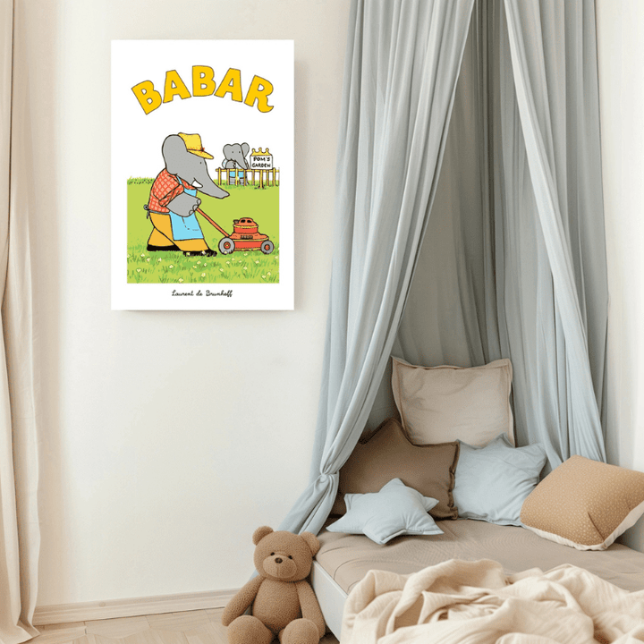 Babar in the Garden Art Print | Mowing the Lawn by Kumo Art Prints - Maude Kids Decor