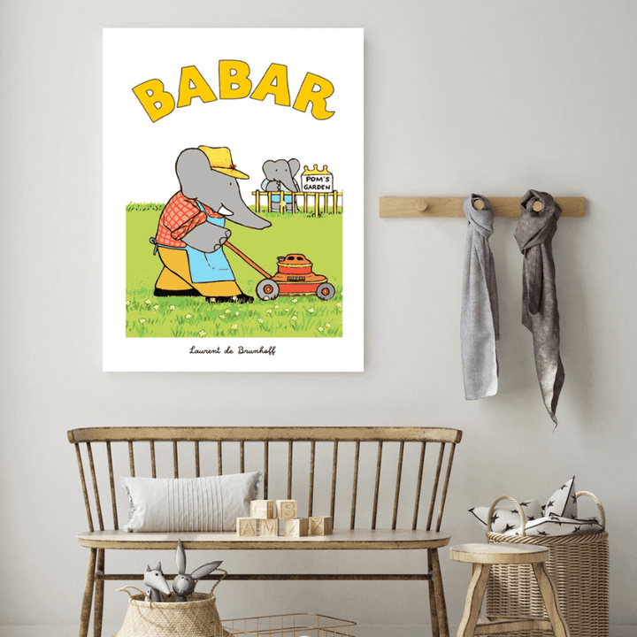 Babar in the Garden Art Print | Mowing the Lawn by Kumo Art Prints - Maude Kids Decor