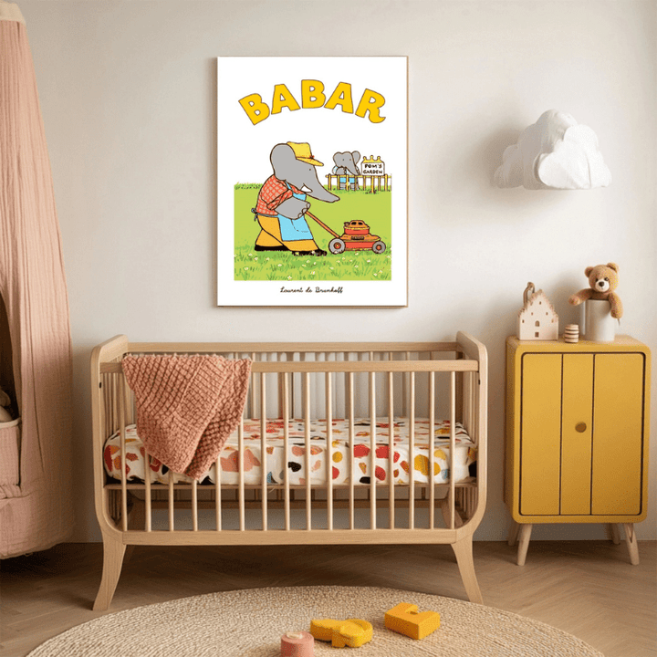 Babar in the Garden Art Print | Mowing the Lawn by Kumo Art Prints - Maude Kids Decor