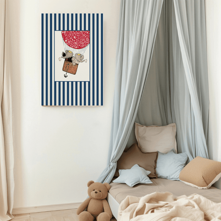 Blue Stripes Babar Balloon Art Print by Kumo Art Prints - Maude Kids Decor