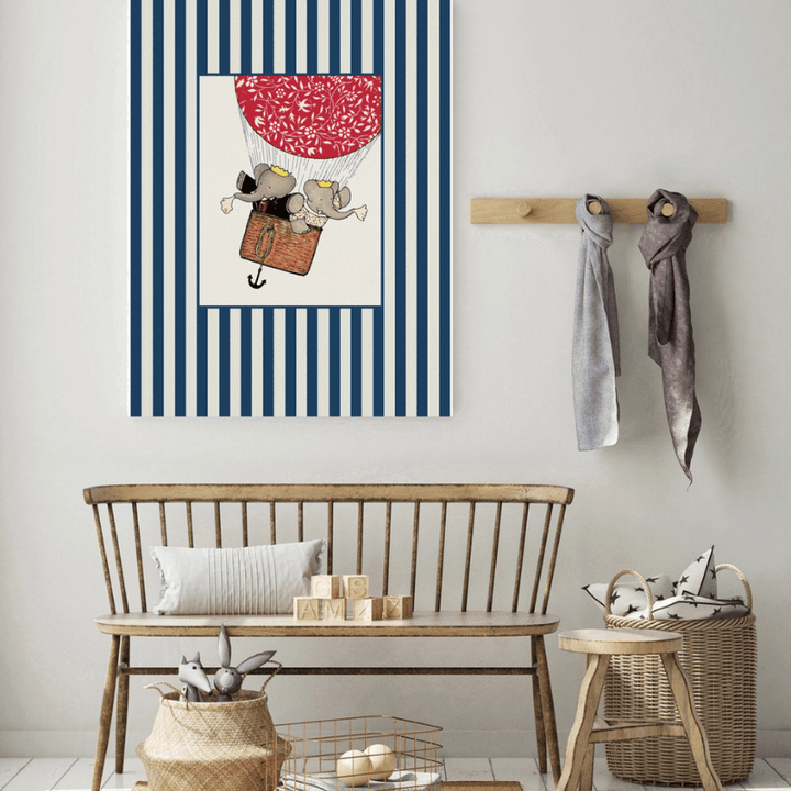 Blue Stripes Babar Balloon Art Print by Kumo Art Prints - Maude Kids Decor
