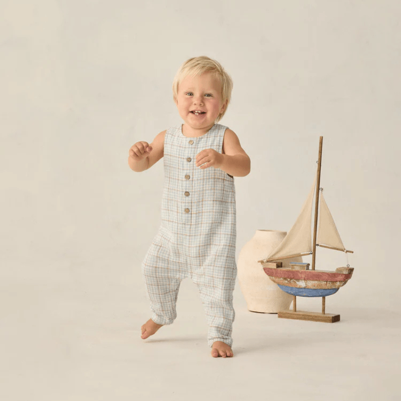 Button Jumpsuit | Light Blue Plaid by Rylee &amp; Cru - Maude Kids Decor