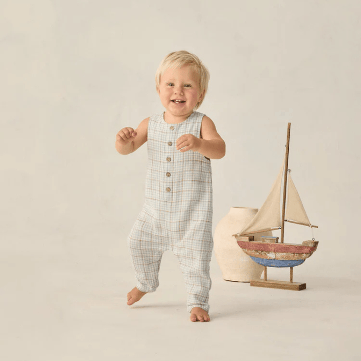 Button Jumpsuit | Light Blue Plaid by Rylee &amp; Cru - Maude Kids Decor