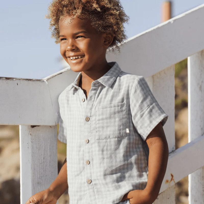 Collared Short Sleeve Shirt | Green Gingham by Rylee & Cru - Maude Kids Decor