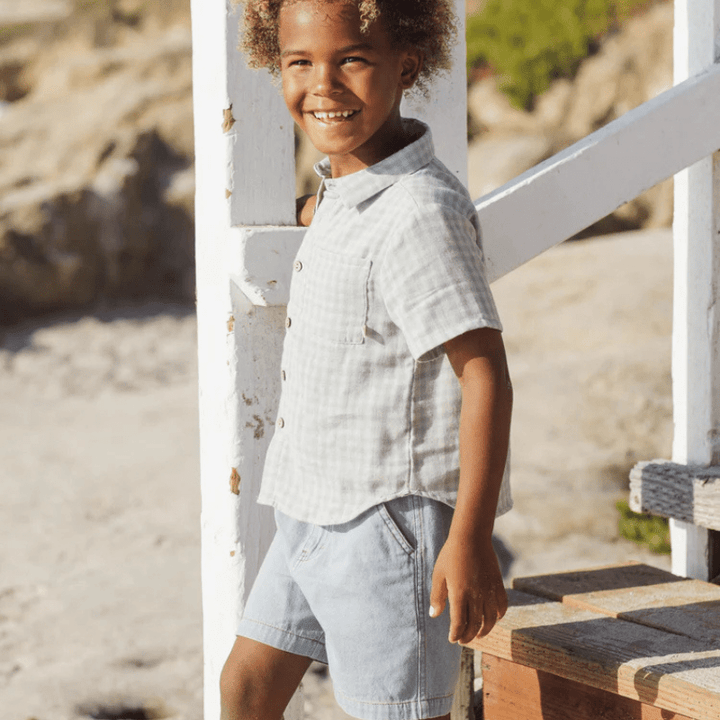 Collared Short Sleeve Shirt | Green Gingham by Rylee &amp; Cru - Maude Kids Decor