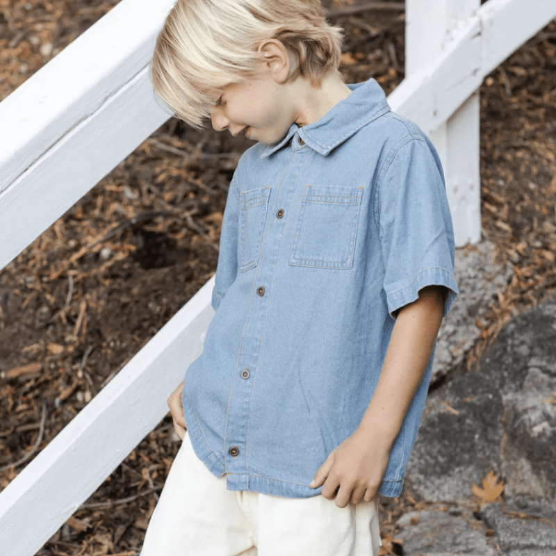 Denim Short Sleeve Overshirt | Washed Blue by Rylee &amp; Cru - Maude Kids Decor