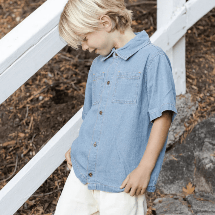 Denim Short Sleeve Overshirt | Washed Blue by Rylee &amp; Cru - Maude Kids Decor