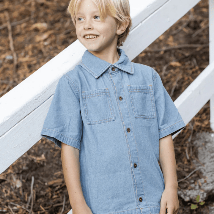 Denim Short Sleeve Overshirt | Washed Blue by Rylee &amp; Cru - Maude Kids Decor