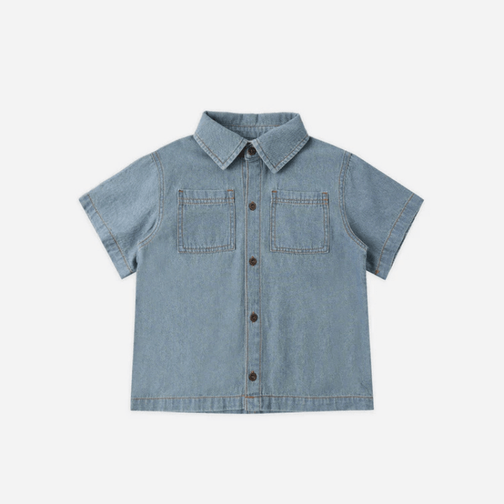 Denim Short Sleeve Overshirt | Washed Blue by Rylee &amp; Cru - Maude Kids Decor