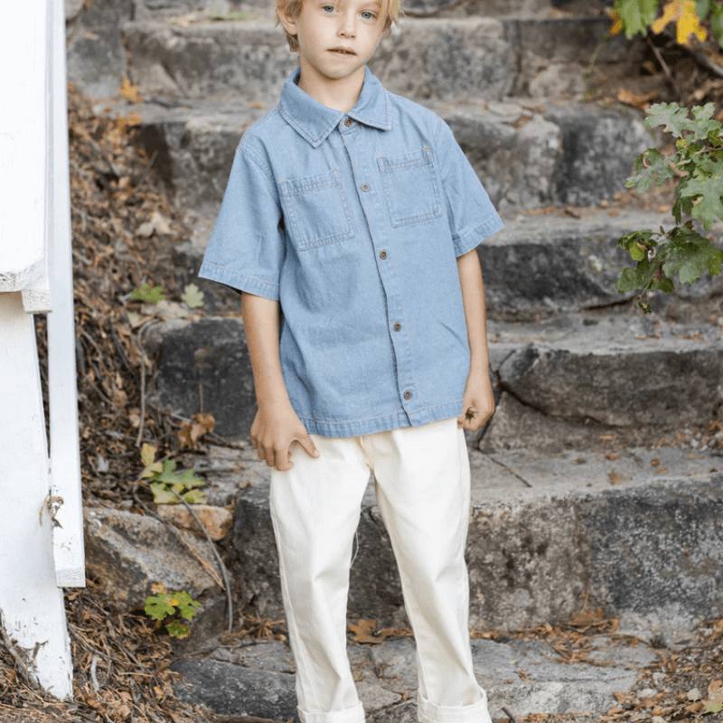 Denim Short Sleeve Overshirt | Washed Blue by Rylee &amp; Cru - Maude Kids Decor