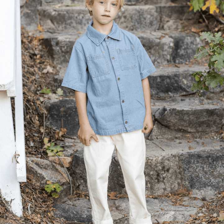 Denim Short Sleeve Overshirt | Washed Blue by Rylee &amp; Cru - Maude Kids Decor