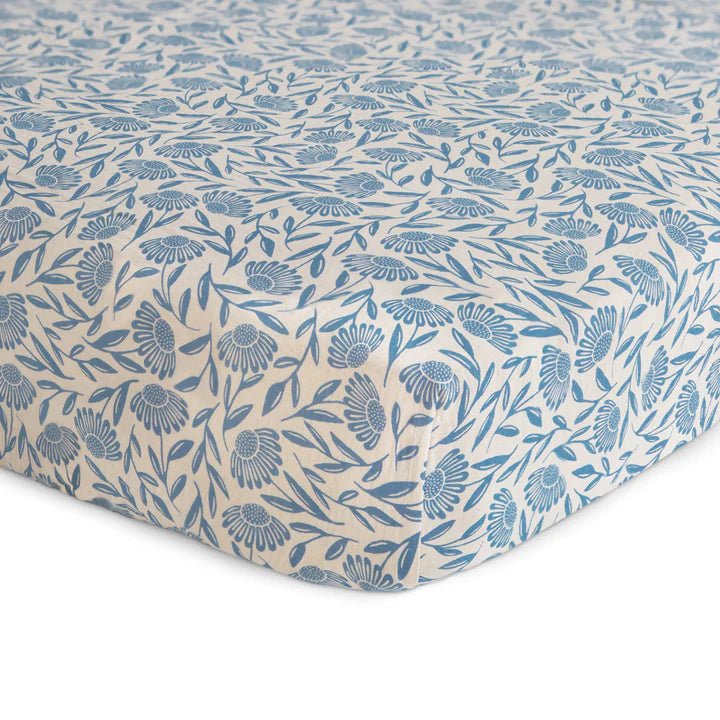 Extra Soft Muslin Crib Sheet | Blue Flowers by Mushie - Maude Kids Decor