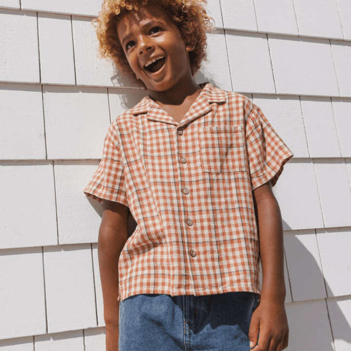 Lapel Collar Short Sleeve Shirt | Poppy Gingham by Rylee &amp; Cru - Maude Kids Decor