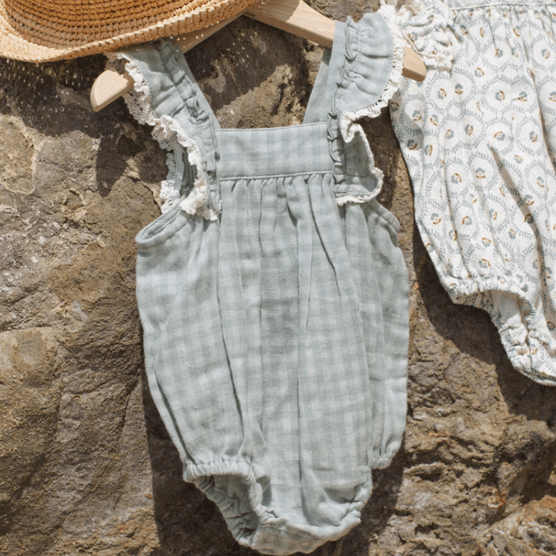 Maya Romper | Green Gingham by Rylee & Cru - Maude Kids Decor