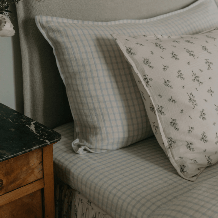 Muslin Fitted Single Sheet | Gingham Sky Blue by Garbo &amp; Friends - Maude Kids Decor