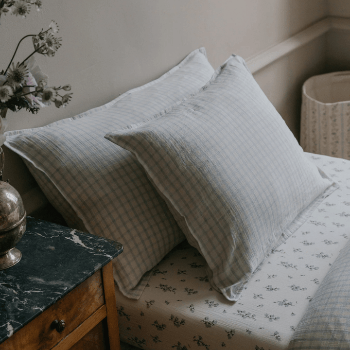 Muslin Single Pillowcase | Gingham Sky Blue by Garbo &amp; Friends - Maude Kids Decor