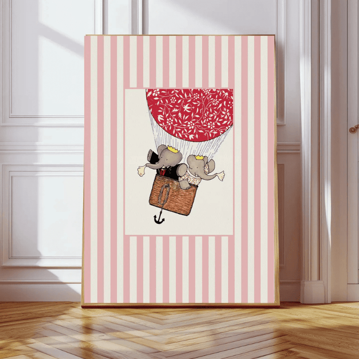 Pink Stripes Babar Balloon Art Print by Kumo Art Prints - Maude Kids Decor