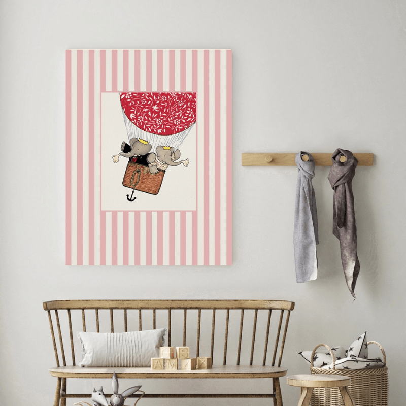 Pink Stripes Babar Balloon Art Print by Kumo Art Prints - Maude Kids Decor