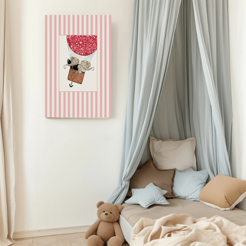 Pink Stripes Babar Balloon Art Print by Kumo Art Prints - Maude Kids Decor