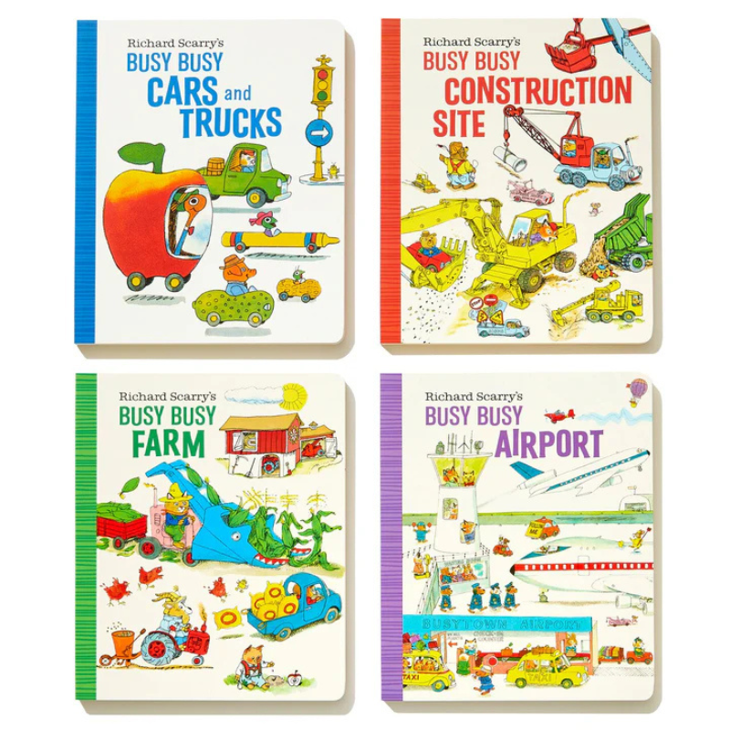 Richard Scarry's Busy Busy Boxed Set: Busy Busy Airport; Busy Busy Cars And Trucks; Busy Busy Construction Site; Busy Busy Farm by Richard Scarry - Maude Kids Decor