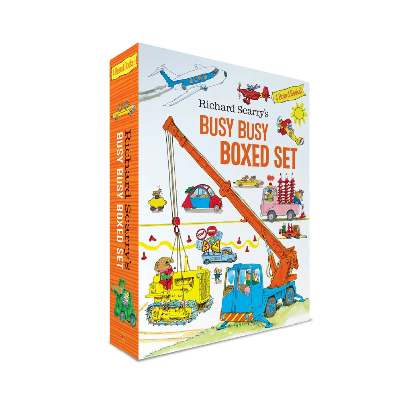 Richard Scarry's Busy Busy Boxed Set: Busy Busy Airport; Busy Busy Cars And Trucks; Busy Busy Construction Site; Busy Busy Farm by Richard Scarry - Maude Kids Decor