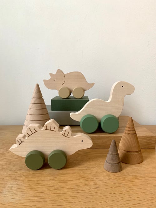 Wooden Triceratops Rolling Toy by Briki Vroom Vroom - Maude Kids Decor