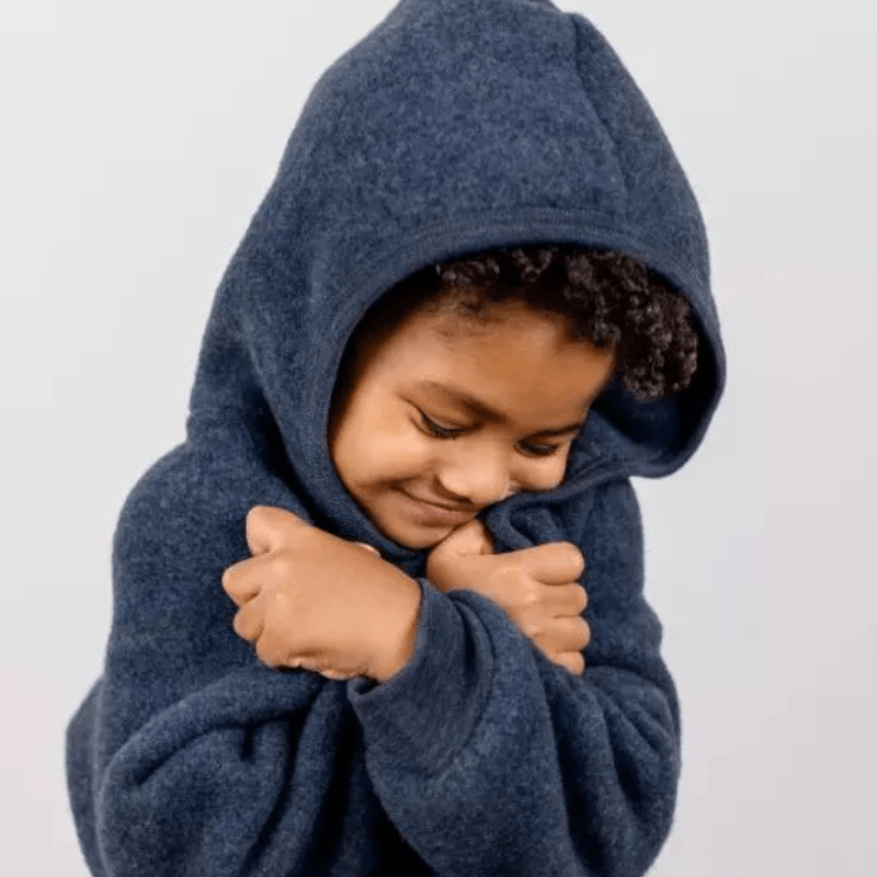 Wool Fleece Jacket With Wooden Buttons, IVN Best | Blue Mélange by Engel Natur - Maude Kids Decor