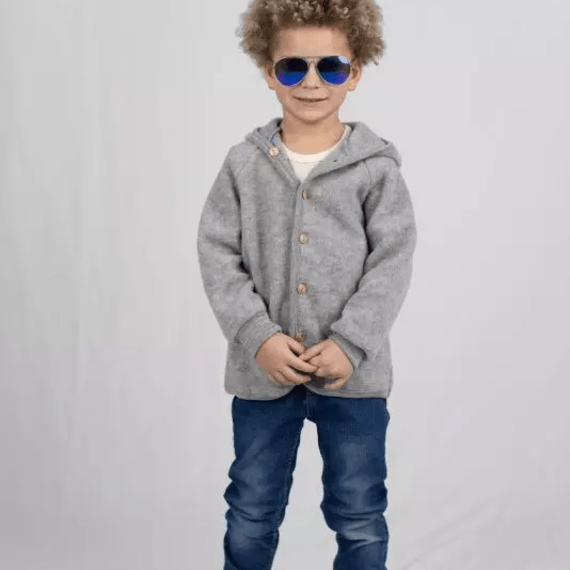 Wool Fleece Jacket With Wooden Buttons, IVN Best | Light Grey Mélange by Engel Natur - Maude Kids Decor