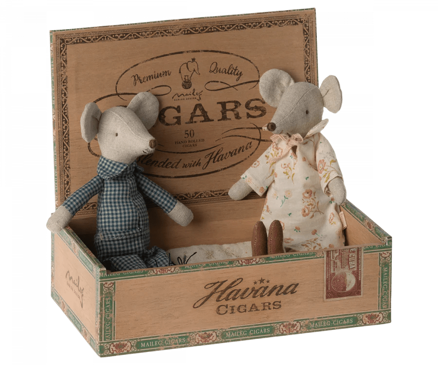 Grandma and Grandpa Mice in Cigarbox by Maileg - Maude Kids Decor