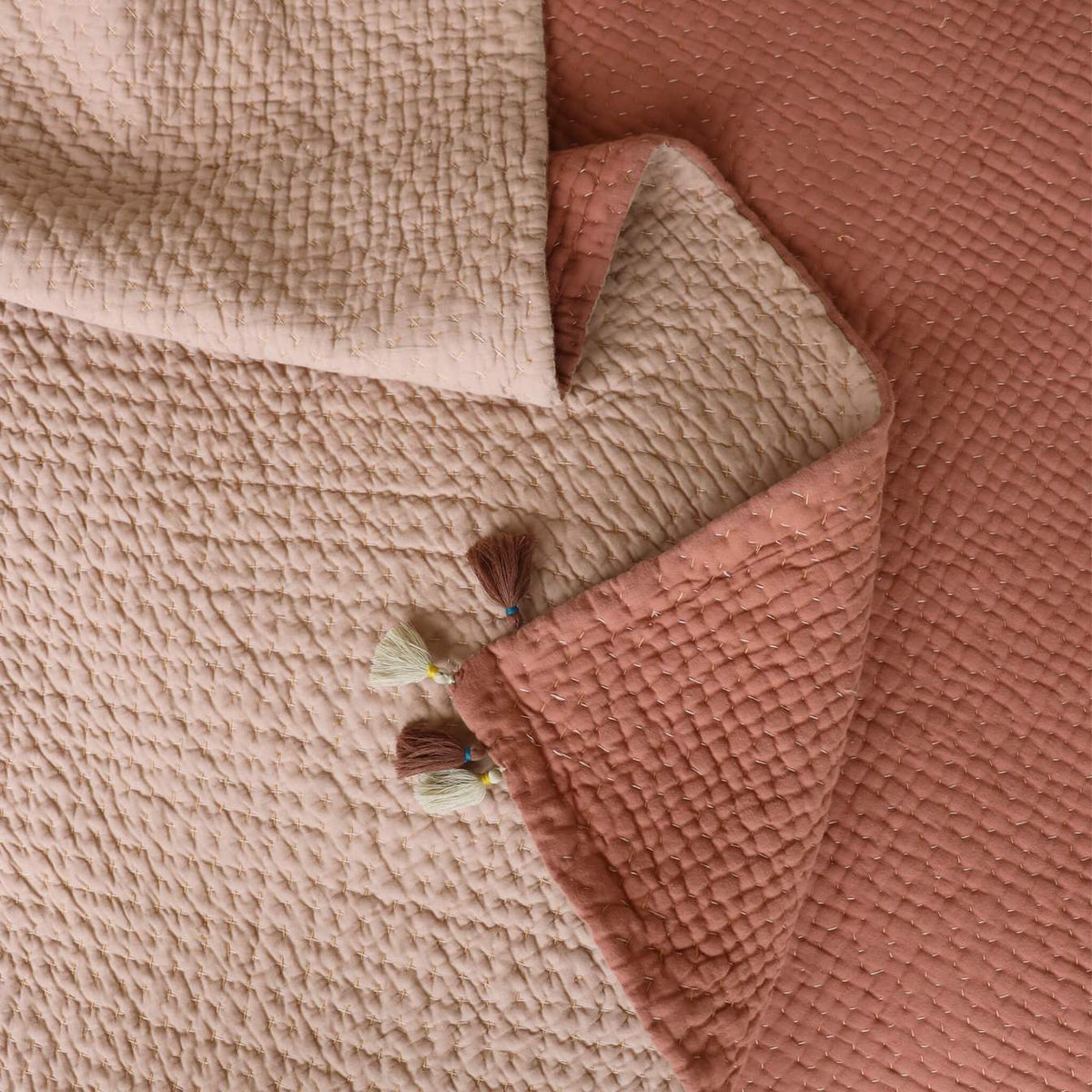 Kantha Cross Stitch Blanket | Mink + Deep Clay by Camomile London - Maude Kids Decor