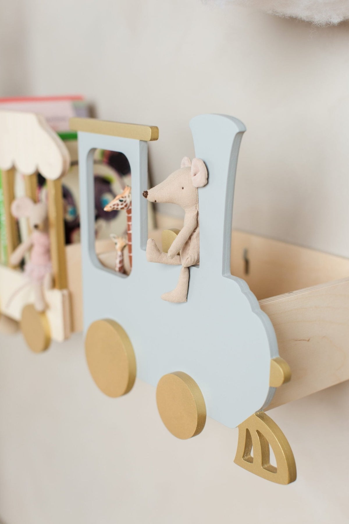 Train Shelf "Express to Fantasy" | Wooden, White + Grey by Up! Warsaw - Maude Kids Decor
